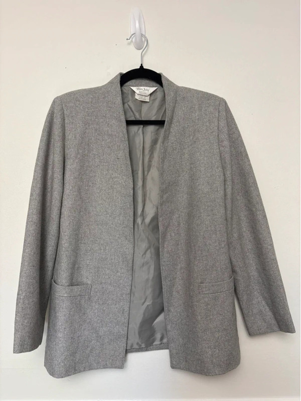 Vintage Tan Jay Women’s Size 10 Gray Longline Collarless wool Blazer Jacket